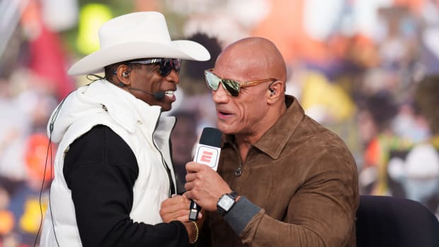 Colorado Buffaloes head coach Deion Sanders and celebrity guest picker Dwayne Johnson on the set of ESPN College GameDay prior to the game between the Colorado Buffaloes and the Colorado State Rams at Folsom Field